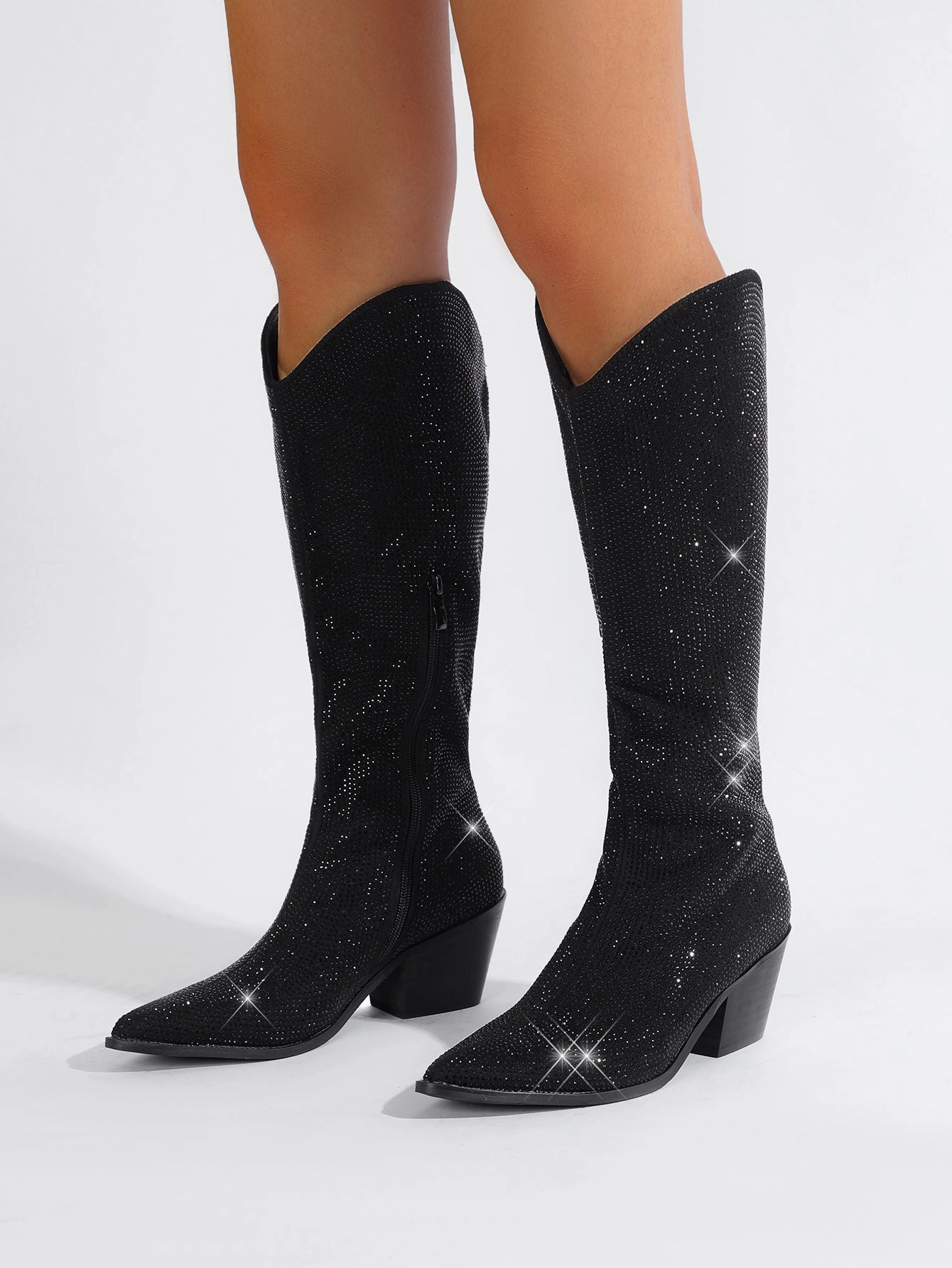 Aanika Black Shimmer Rhinestone Western Boots Hybiscus Knee High Boot