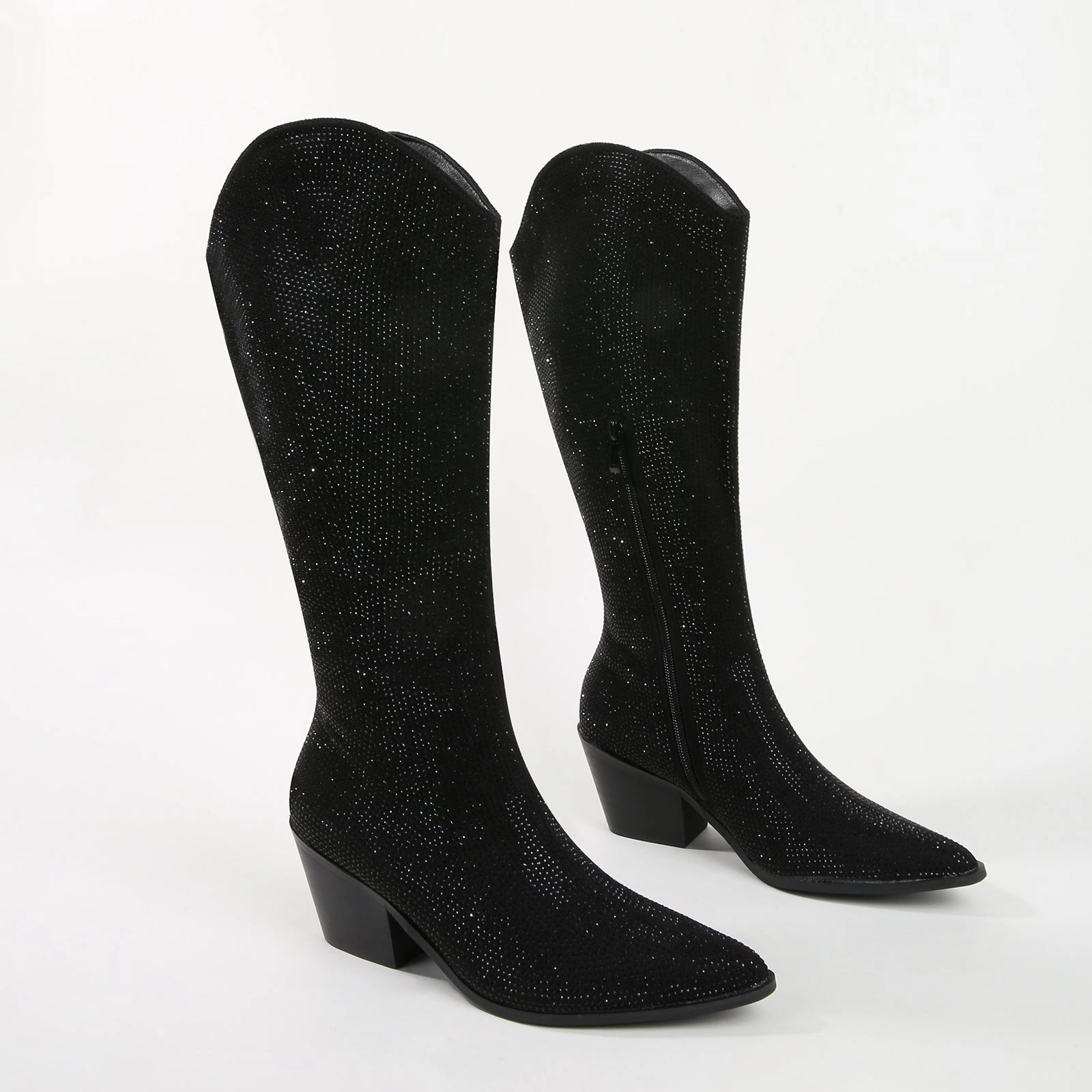Kim Kardashian Knee High Boots Aanika Black Shimmer Rhinestone Western Boots