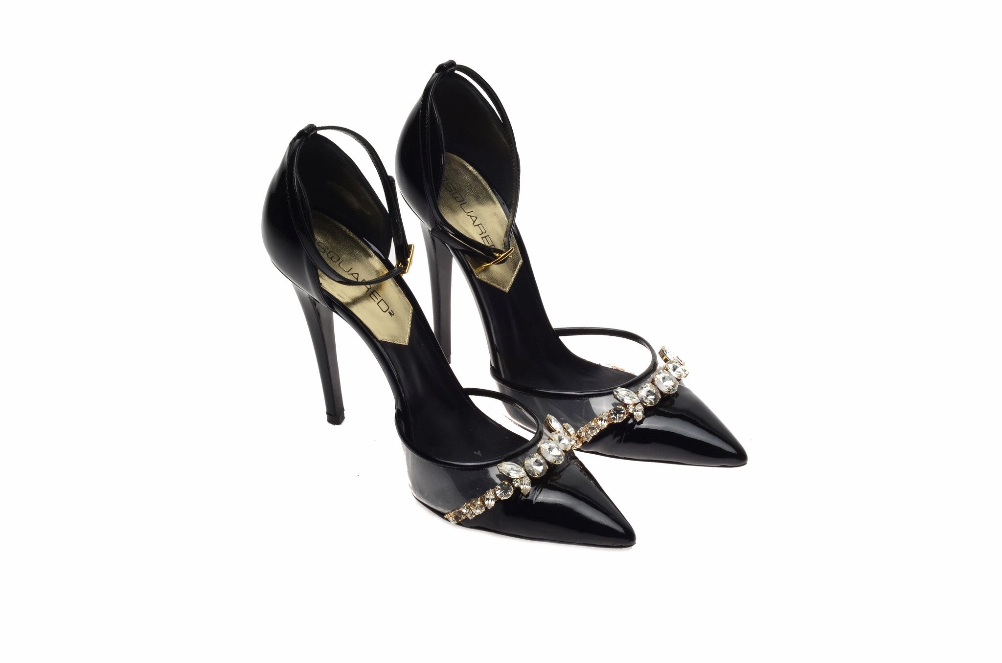 Dsquared2 - As Seen on the 2012 Runway Collection, Look 26 - Black Patent Heels with Rhinestones - High Heels With Bow On Front