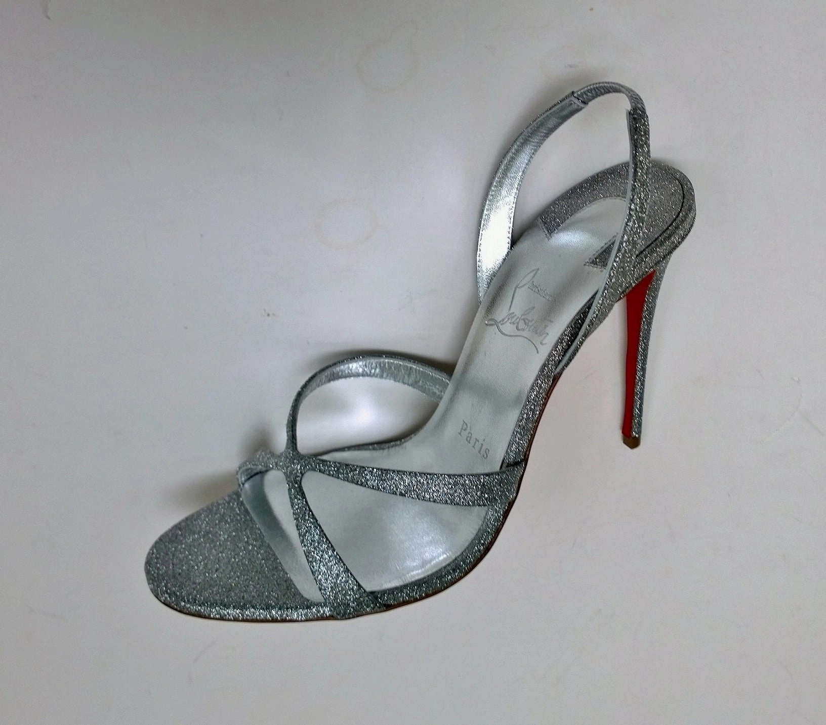 Ultra Heels Shoes Christian Louboutin Emilie 100 Silver Glitter Sandals Slingback Heels