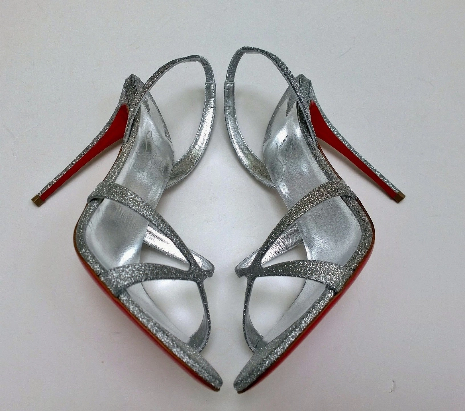 No Heel Thigh High Boots Christian Louboutin Emilie 100 Silver Glitter Sandals Slingback Heels