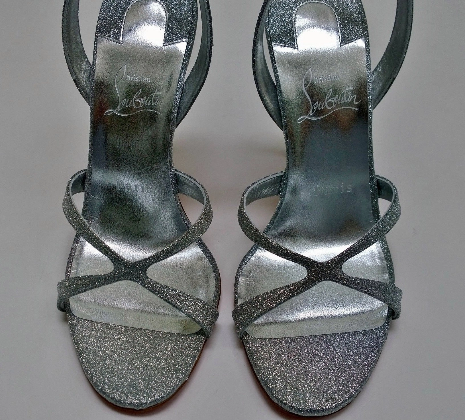 Christian Louboutin Emilie 100 Silver Glitter Sandals Slingback Heels High Heel Gel Inserts