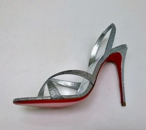 Christian Louboutin Emilie 100 Silver Glitter Sandals Slingback Heels 1980's High Heels
