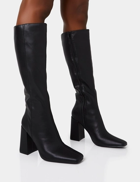 Apology Wide Fit Black Pu Knee High Block Heel Boots Knee High Boots Chunky Sole