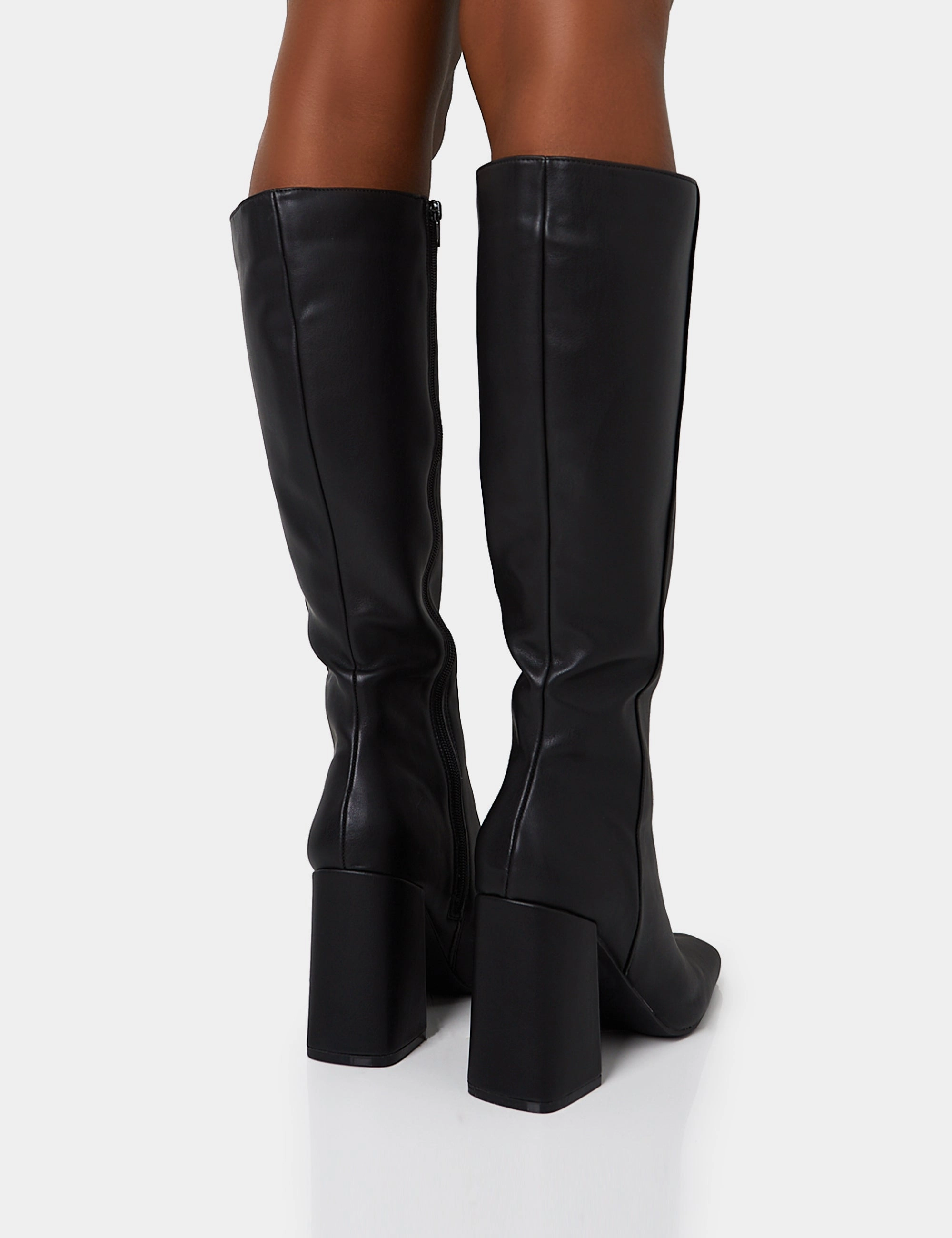 Apology Wide Fit Black Pu Knee High Block Heel Boots Knee High Leather Wedge Boots