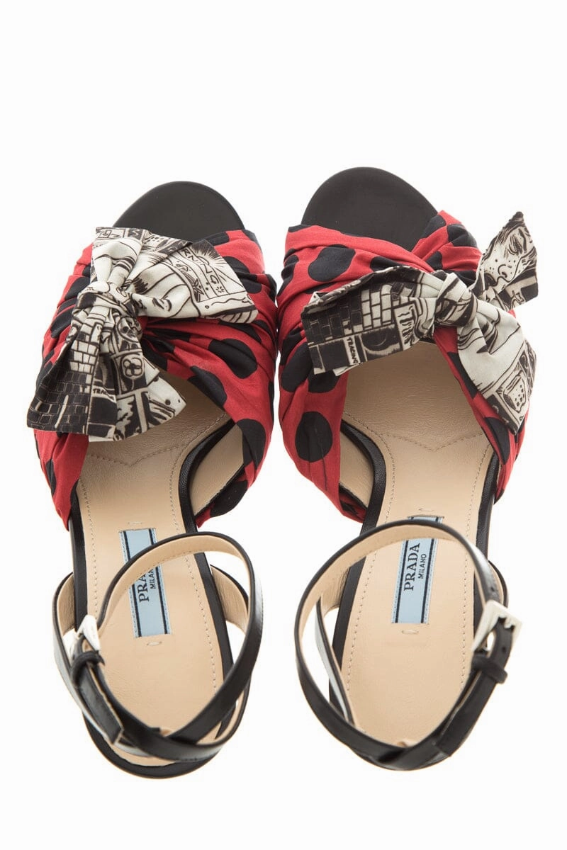 Prada Multi Cartoon Print Satin Bow Tie Detail Heels SZ 38.5 Cheap Ladies High Heels