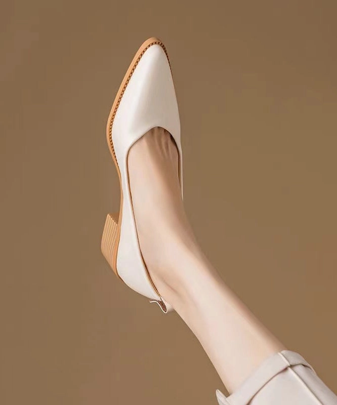 Beautiful Chunky Heel Beige Cowhide Leather Pointed Toe AP1027 High Heel Platform Pumps