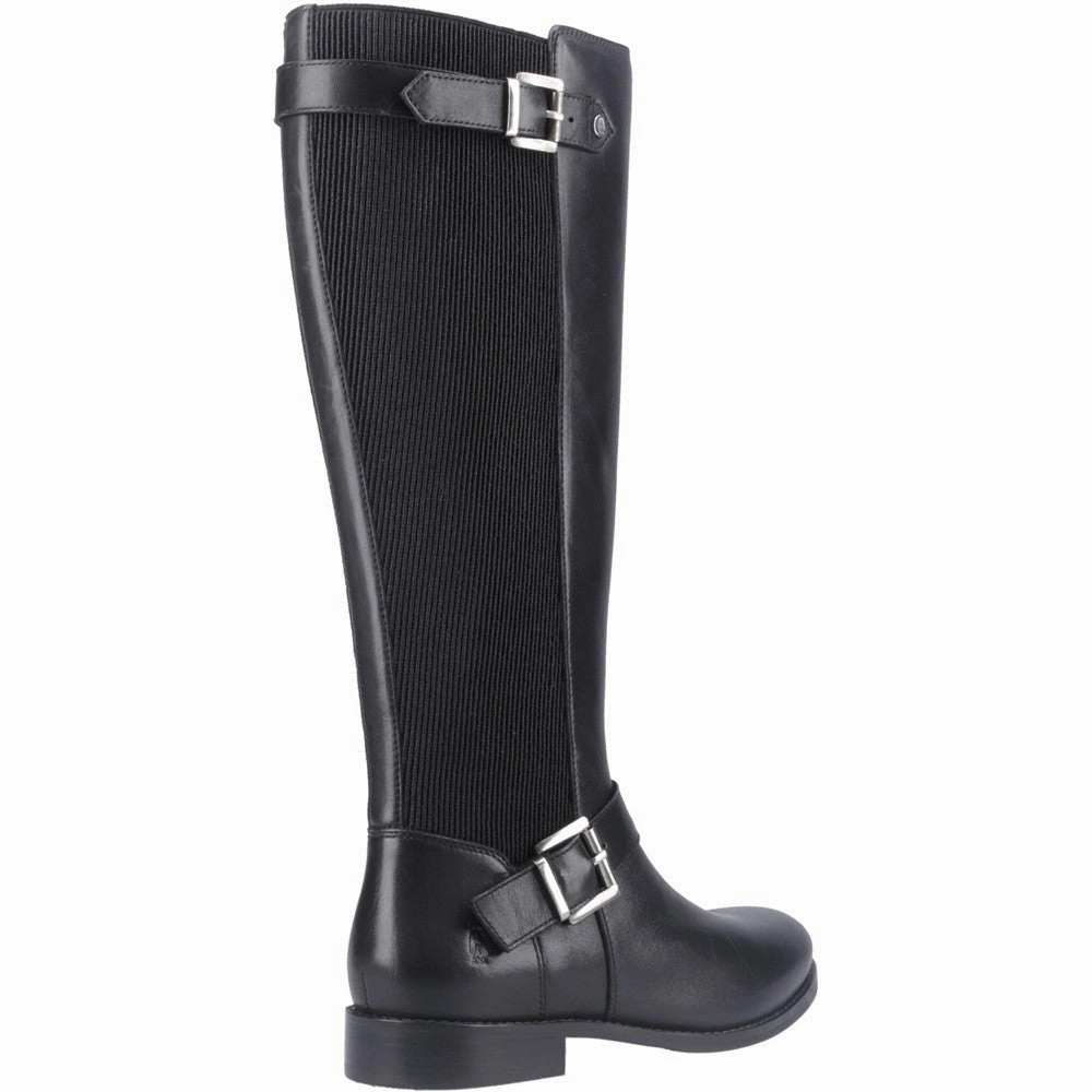Peep Toe Leather Knee High Boots Black Daphne Long Boots