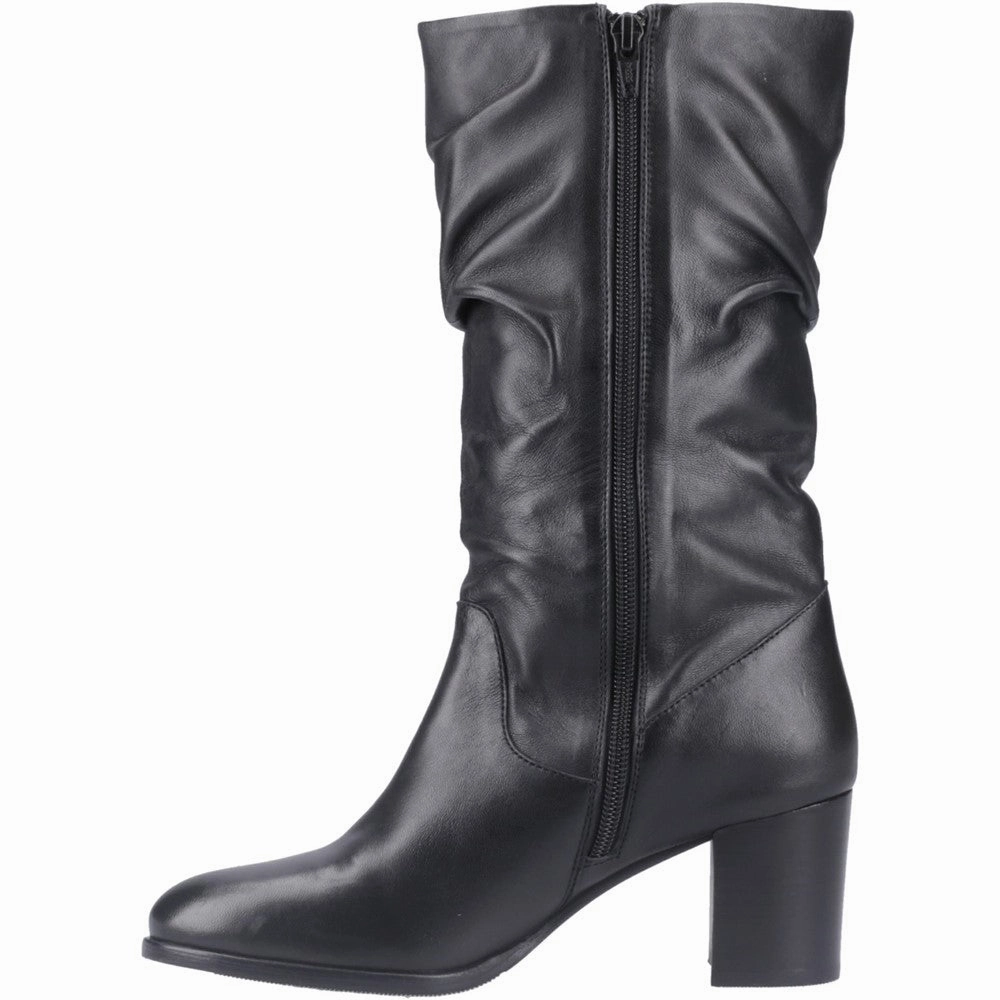 Black Leather Cosima Ruched Boots Wide Knee High Heel Boots