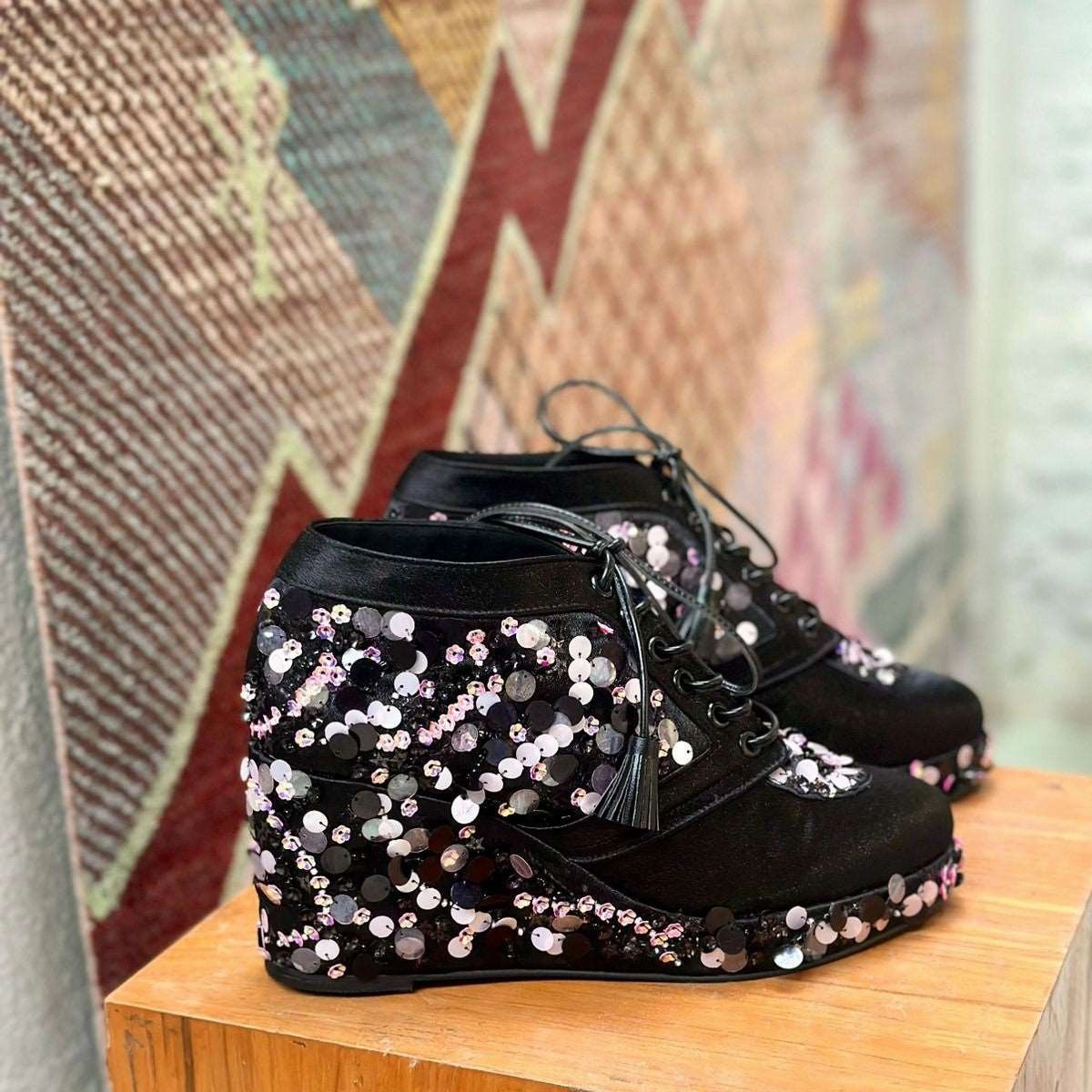Black Sequin Sneaker wedges - Customized Wedding Shoes | Tiesta Low Volume Heel Greek Foot Climbing Shoes