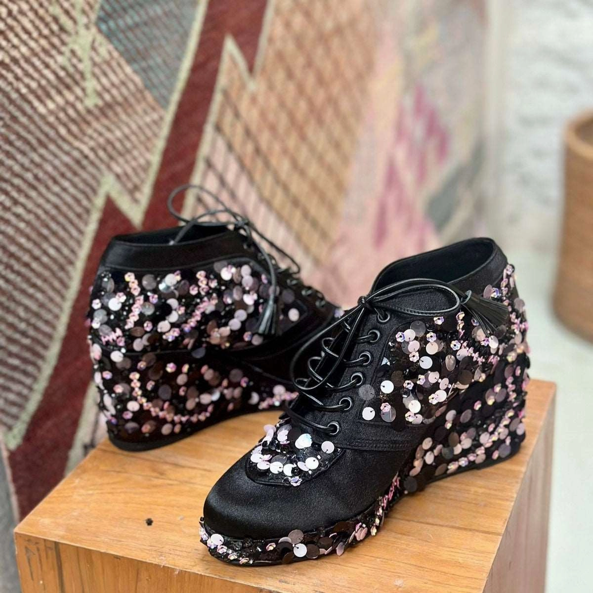 Best Rock Climbing Shoes Indoor Black Sequin Sneaker wedges - Customized Wedding Shoes | Tiesta