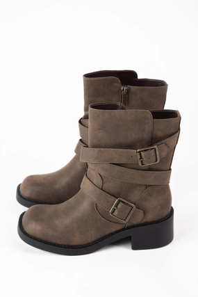 Tacoma Buckle Strap Engineer Boot, Dark Taupe Wide Toe Box Ankle Boots