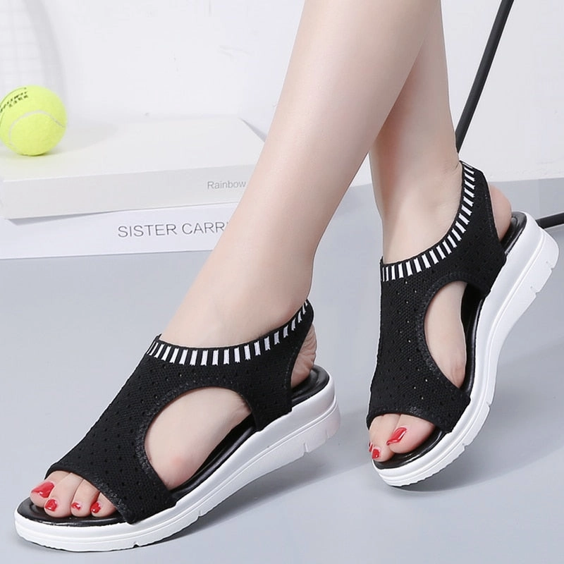 Toe Wedges Women Summer Breathable Knitting Sandals High Heeled Sandals