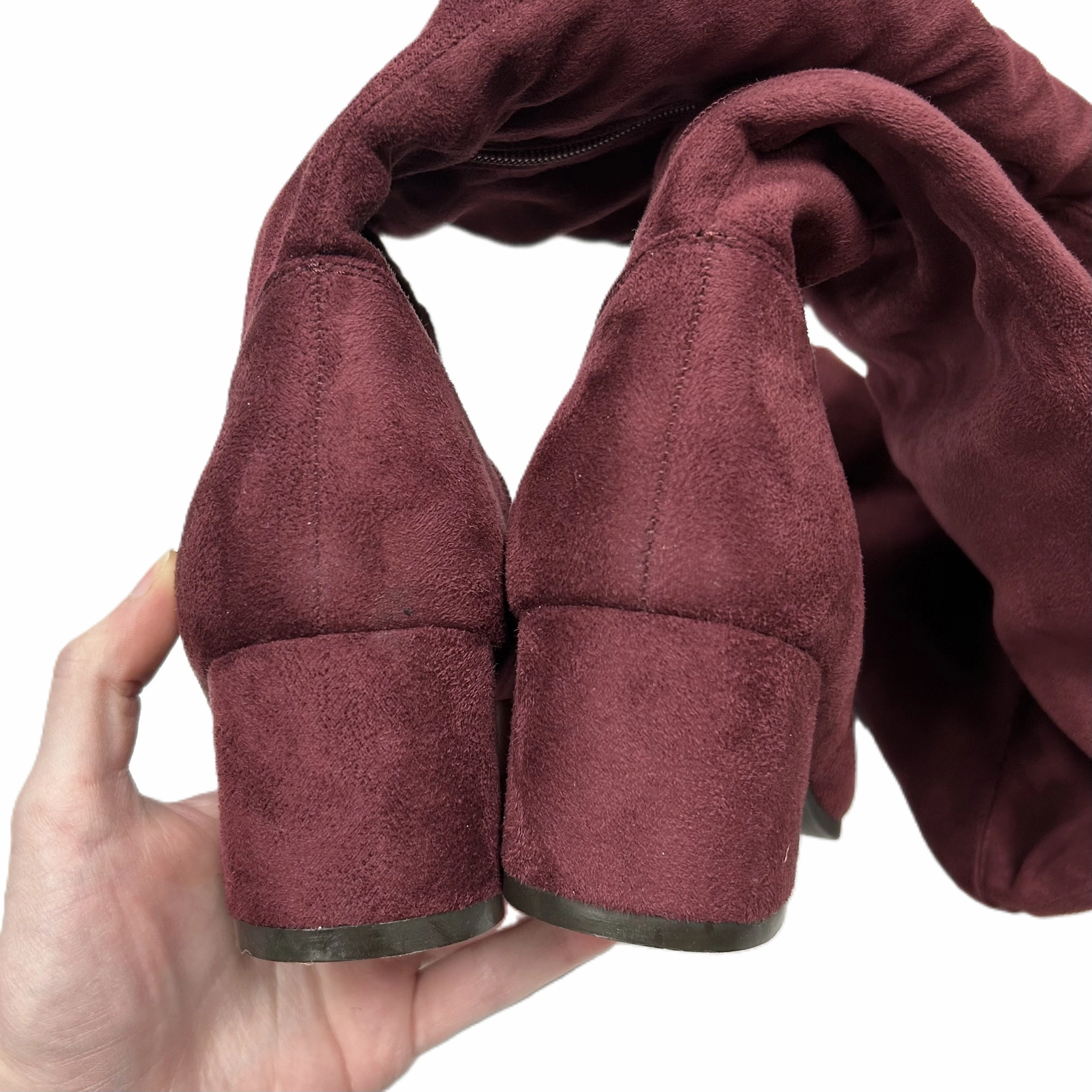 Guinea Boots Straps Boots Over-the-knee Heels By Nature Breeze In Maroon, Size: 6.5