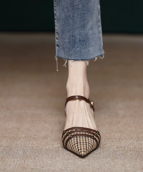 Brown Cotton Fabric Splicing Chunky High Heels Pointed Toe Buckle Strap AP1020 High Heel Boots Jeans