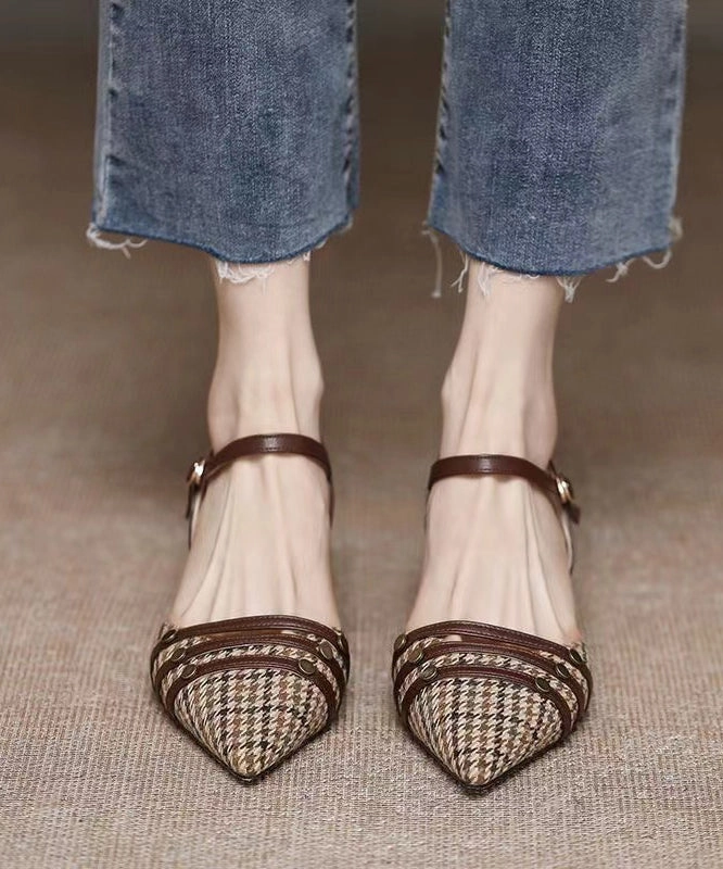 Brown Cotton Fabric Splicing Chunky High Heels Pointed Toe Buckle Strap AP1020 High Heels Insertion