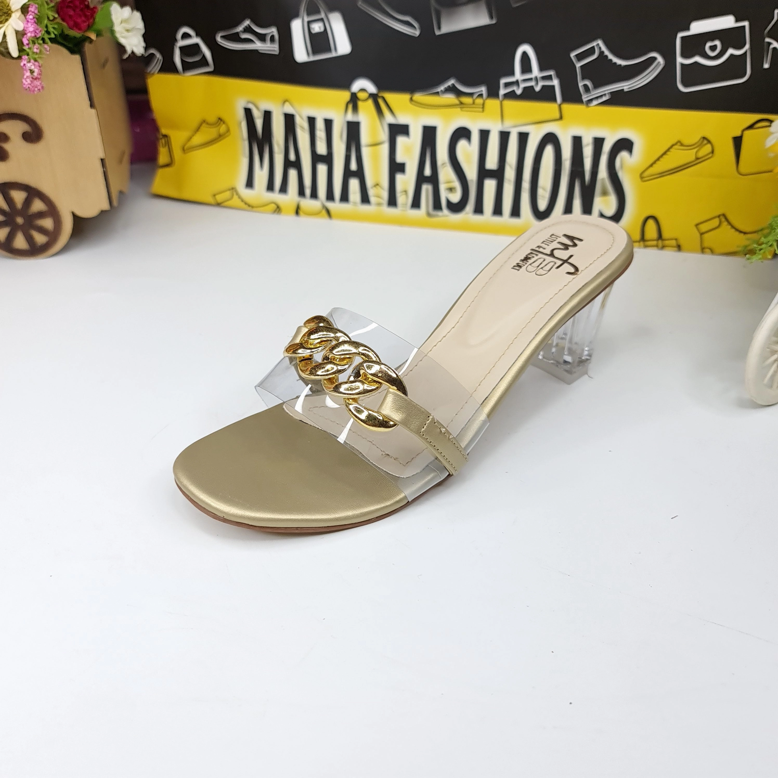 High Heel Legging Boots Chain Slipper With Transparent Heels