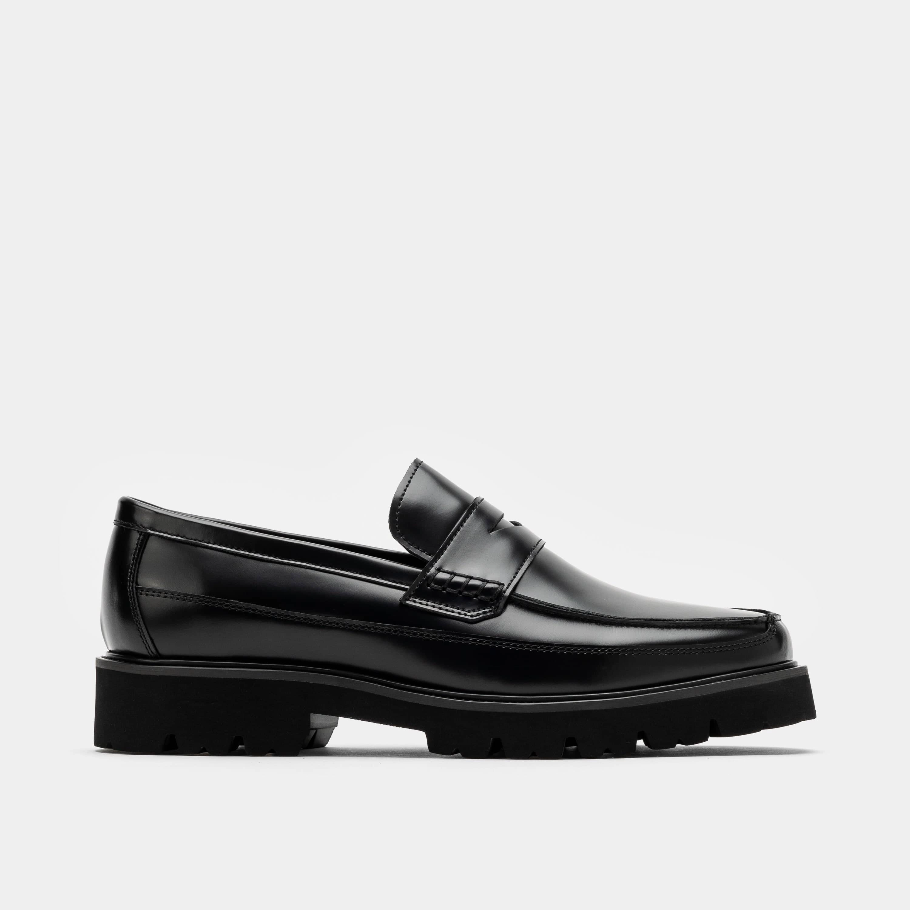 Adler Black Leather Lug Penny Loafers Made Loafers