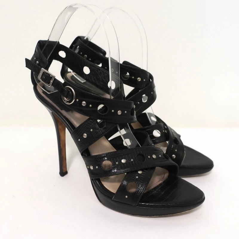 Christian Dior Bubble Sandals Black Lizard-Embossed Leather Size 39 Strappy Heel High Heel Shoe Perfume Bottle