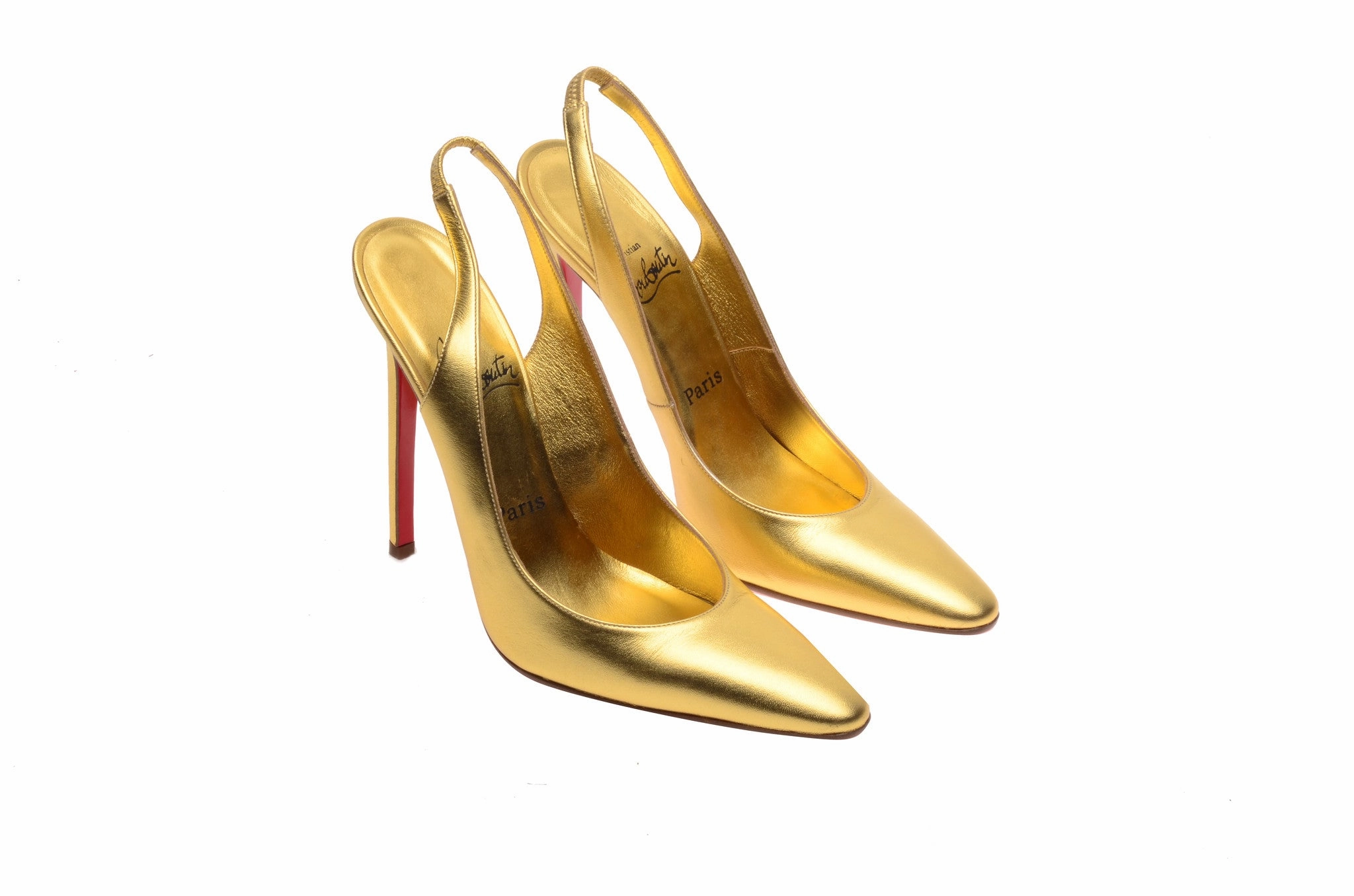 High Heel Straps Christian Louboutin - Gold Sling Backs Pointed Toe - IT 38 1/2
