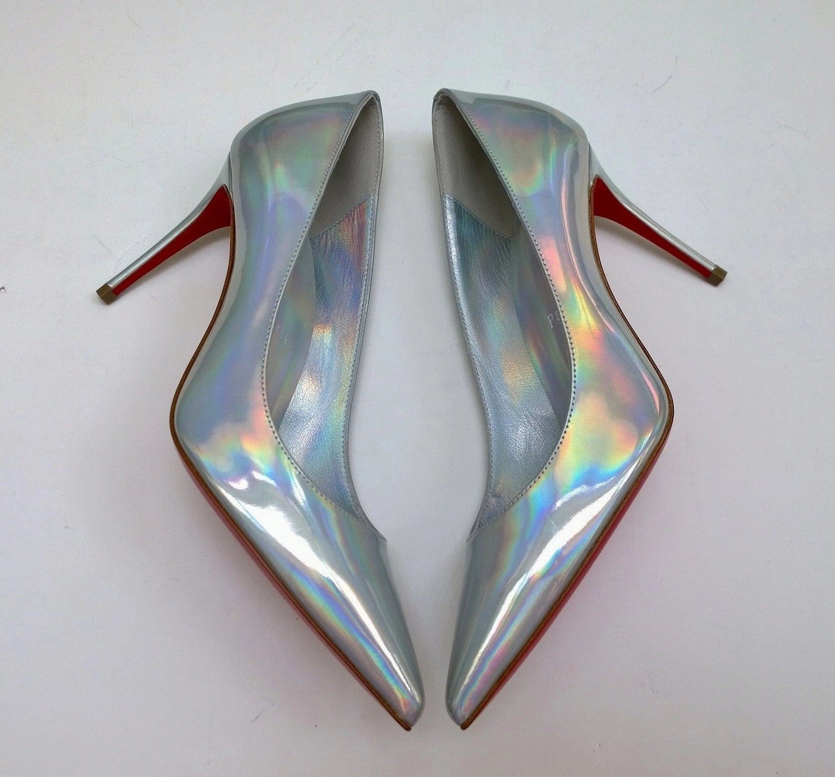 Italian Heels Christian Louboutin Kate 85 Patent Psychic Bianco Silver Iridescent Heels