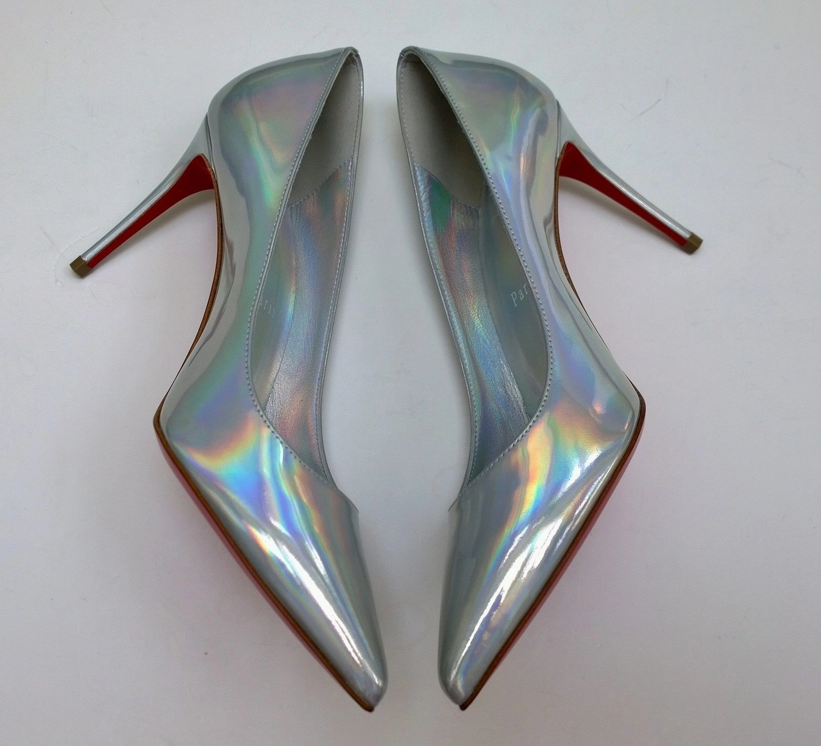 Christian Louboutin Kate 85 Patent Psychic Bianco Silver Iridescent Heels High Heels They Was Knee