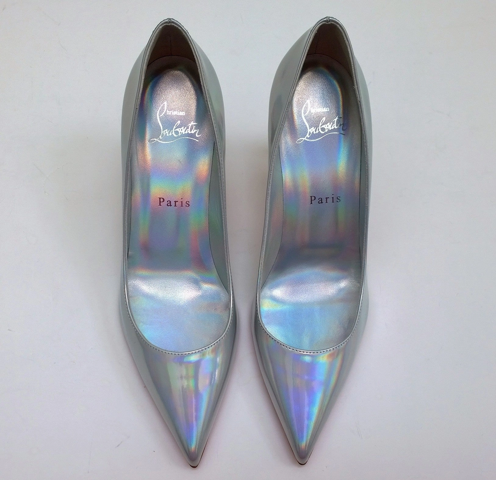 Closed Toe Ankle Strap High Heels Christian Louboutin Kate 85 Patent Psychic Bianco Silver Iridescent Heels
