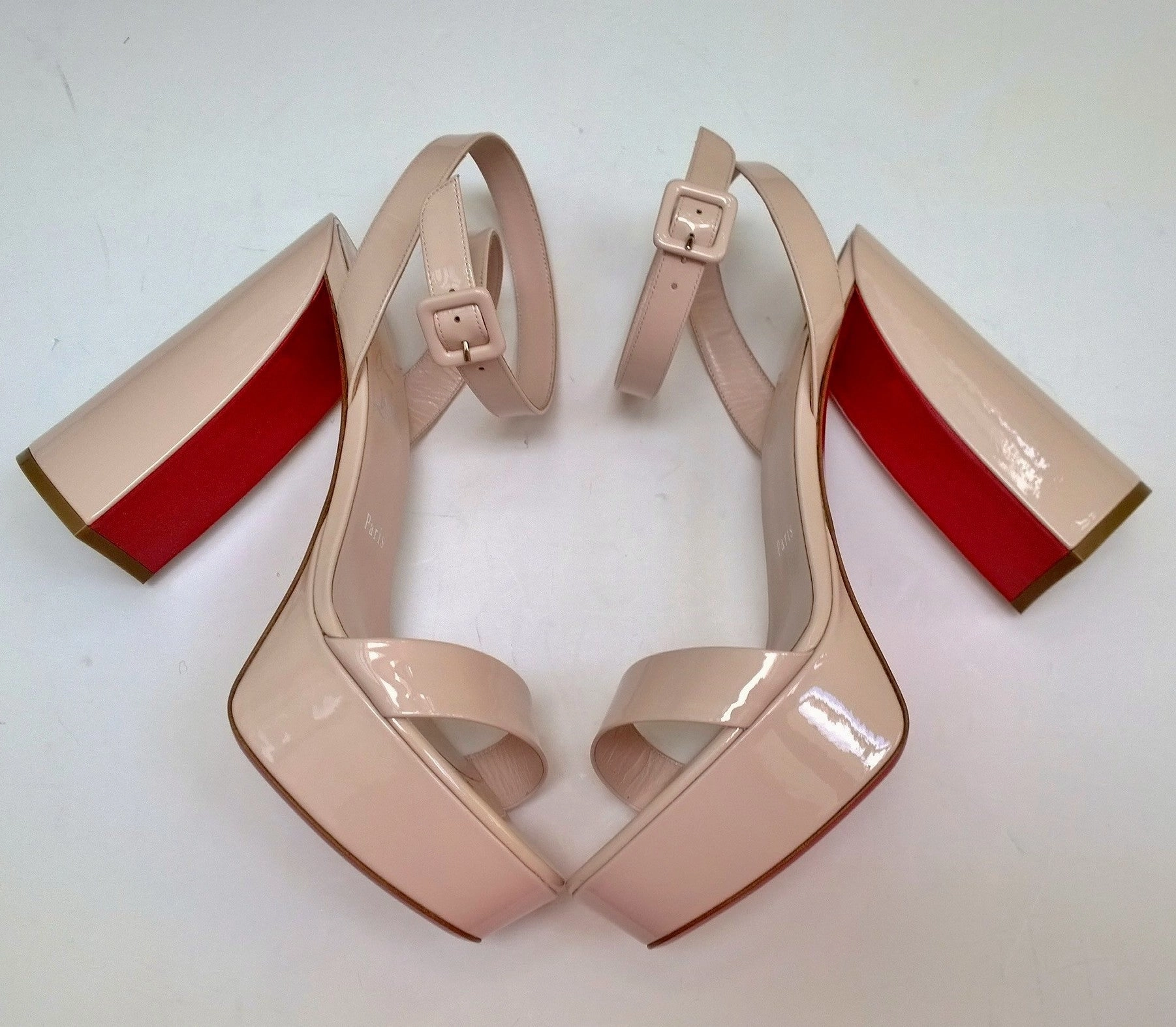 Pretty Feet And Heels Christian Louboutin Movida Sabina 130 Leche Pale Pink Patent Platform Sandals Ankle Strap Heels New in Box