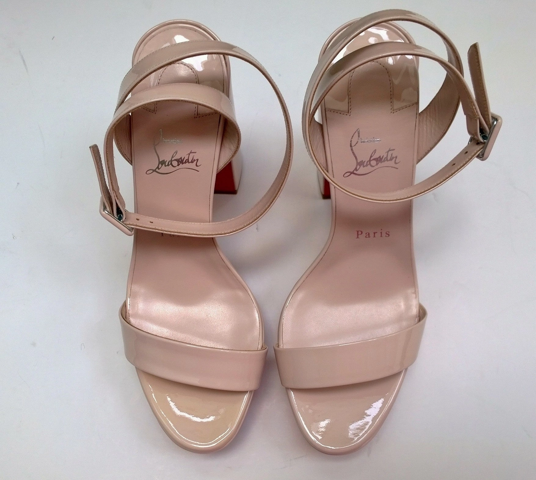 High Heels With Chains Christian Louboutin Movida Sabina 130 Leche Pale Pink Patent Platform Sandals Ankle Strap Heels New in Box