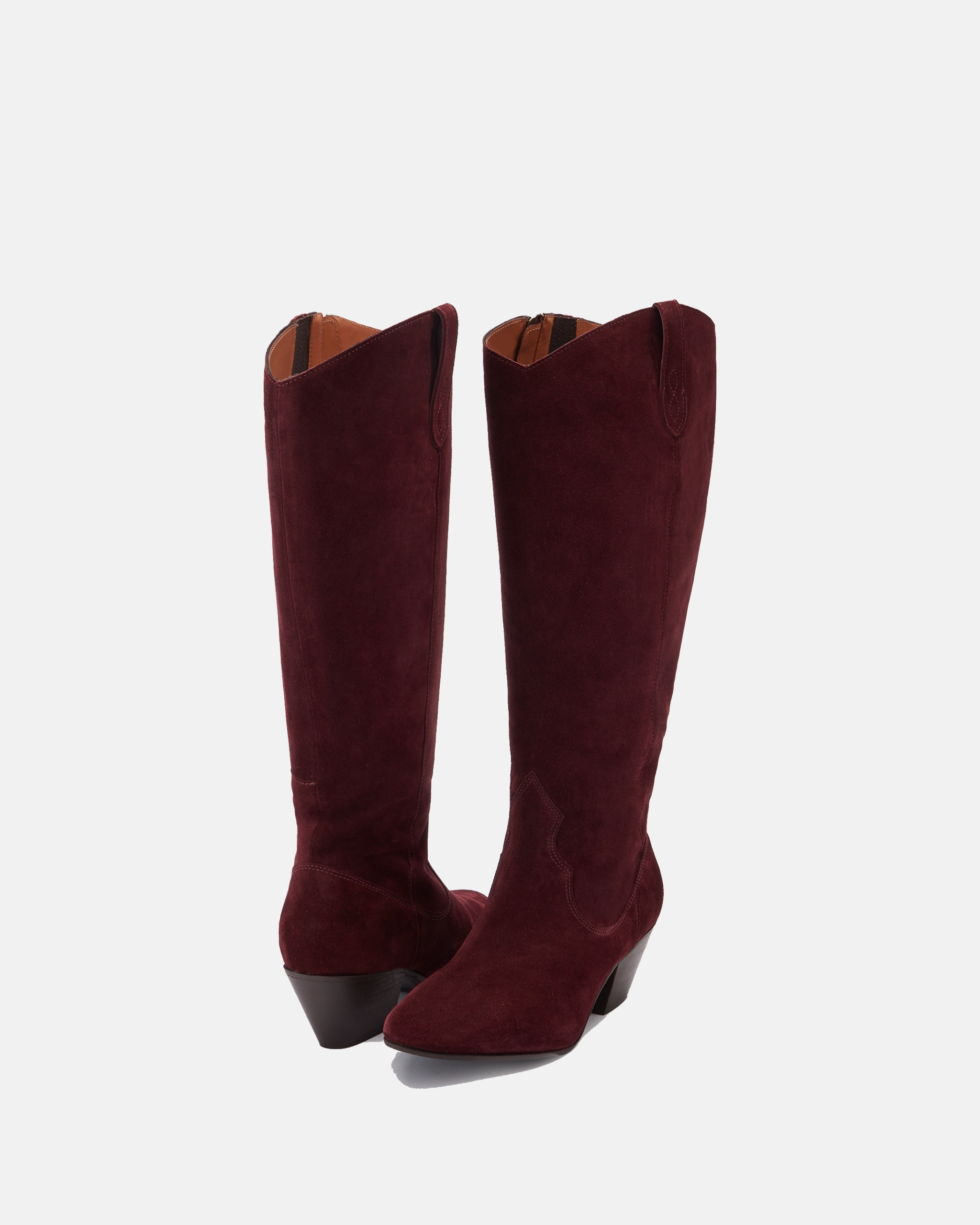 Saffron Knee High Boots in Burgundy Suede Jeans And Black Knee High Boots