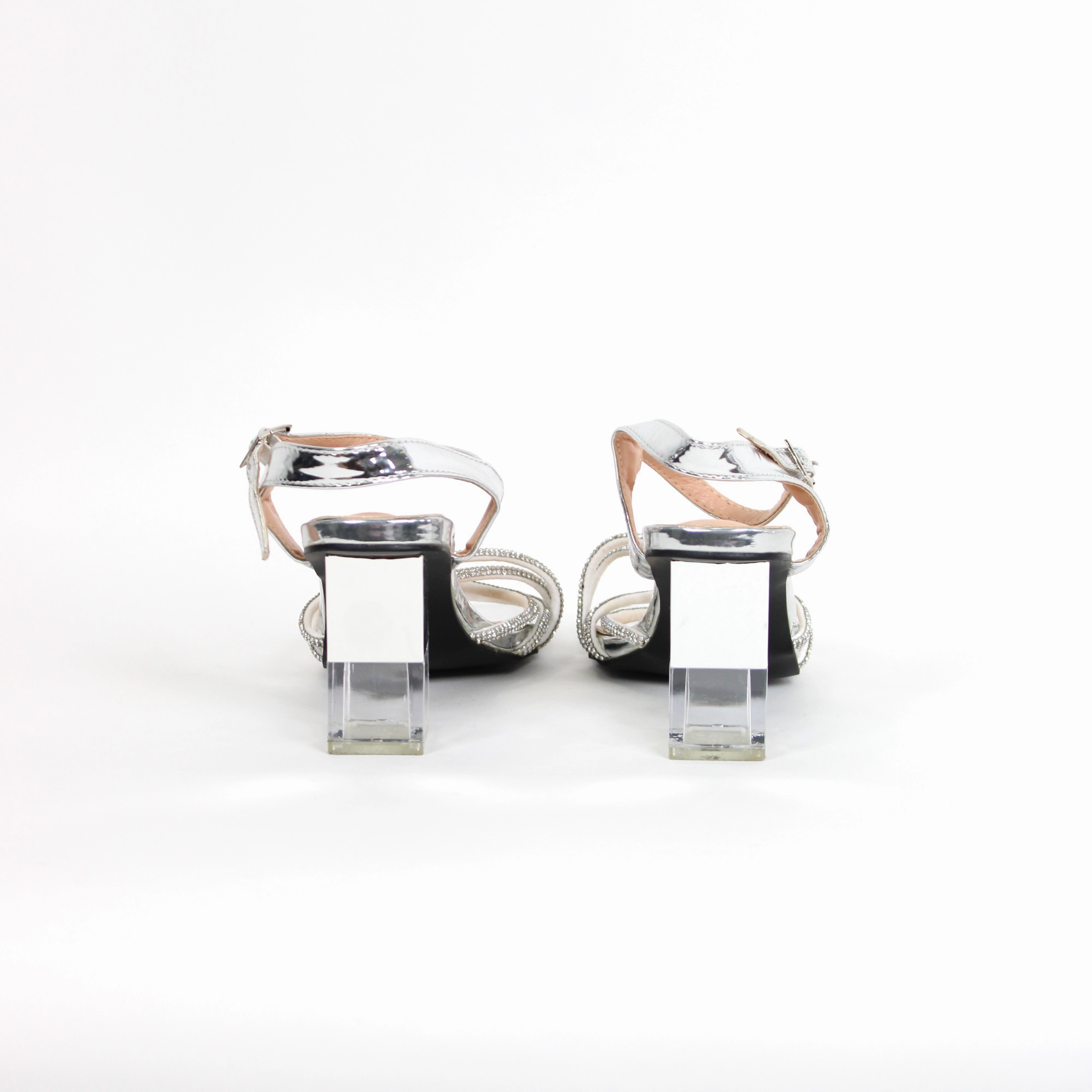 Black High Heeled Mary Janes Silver Strappy Diamante Block Heels