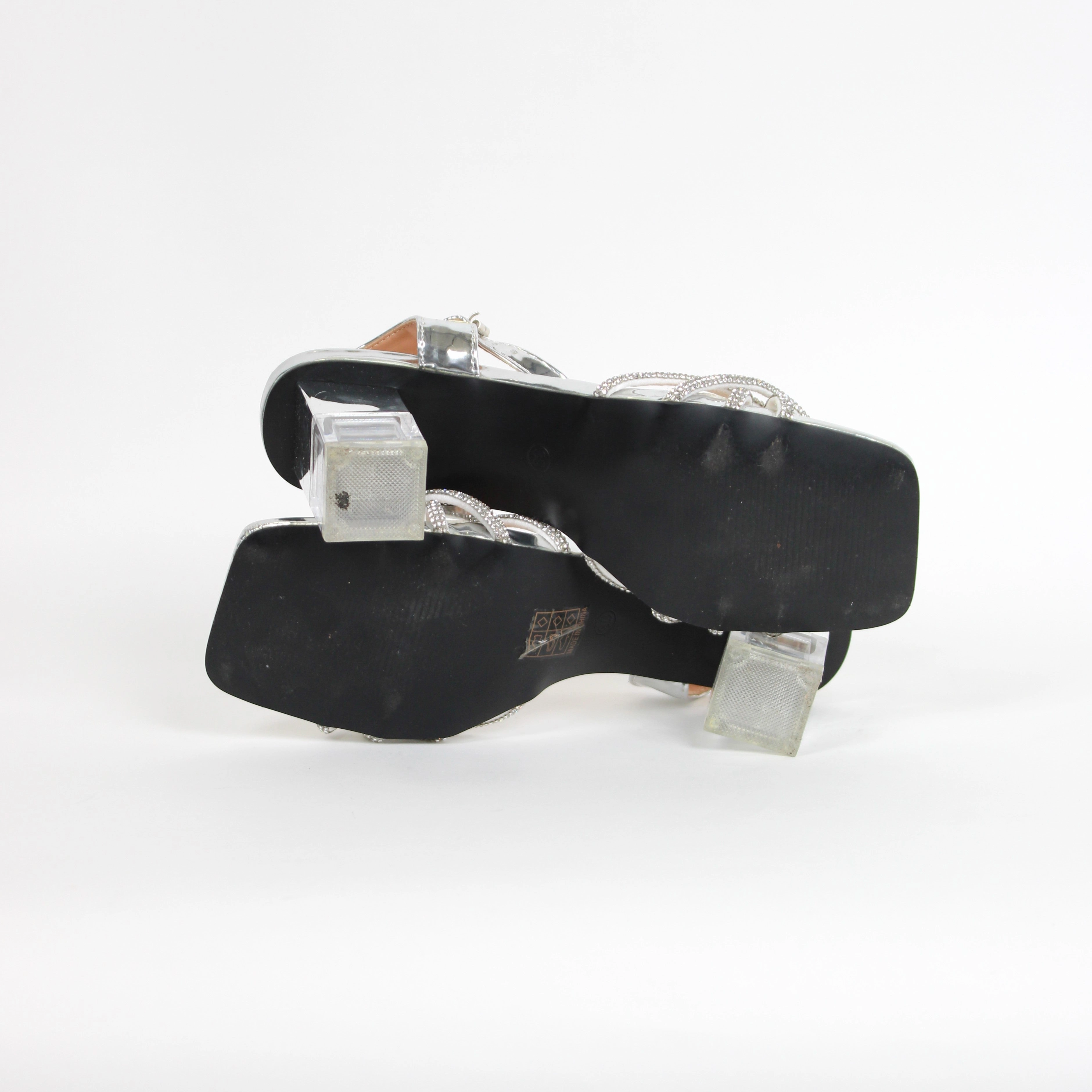 High Heel Ankle Strap Silver Strappy Diamante Block Heels