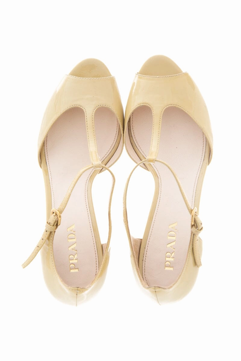 Modest High Heels Prada Nude T-Strap Heels in Patent Leather SZ 36.5