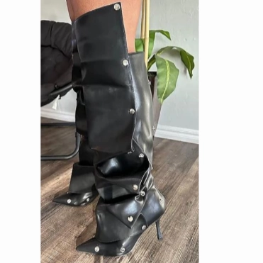 BUMBLE-01 Black Faux Leather Knee High Slouch Boots with Draped Front Panel Knee High Lug Sole Boot