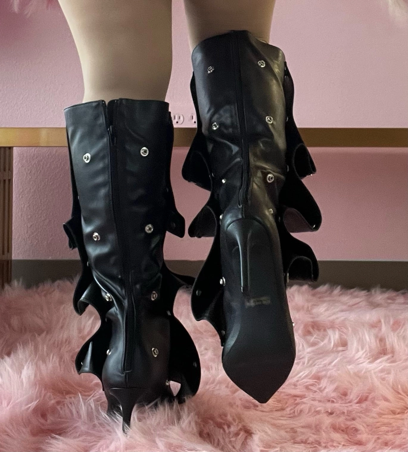 Leather Knee High High Heel Boots BUMBLE-01 Black Faux Leather Knee High Slouch Boots with Draped Front Panel