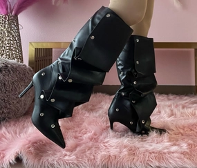 BUMBLE-01 Black Faux Leather Knee High Slouch Boots with Draped Front Panel Women's Hello Rider Knee High Boot