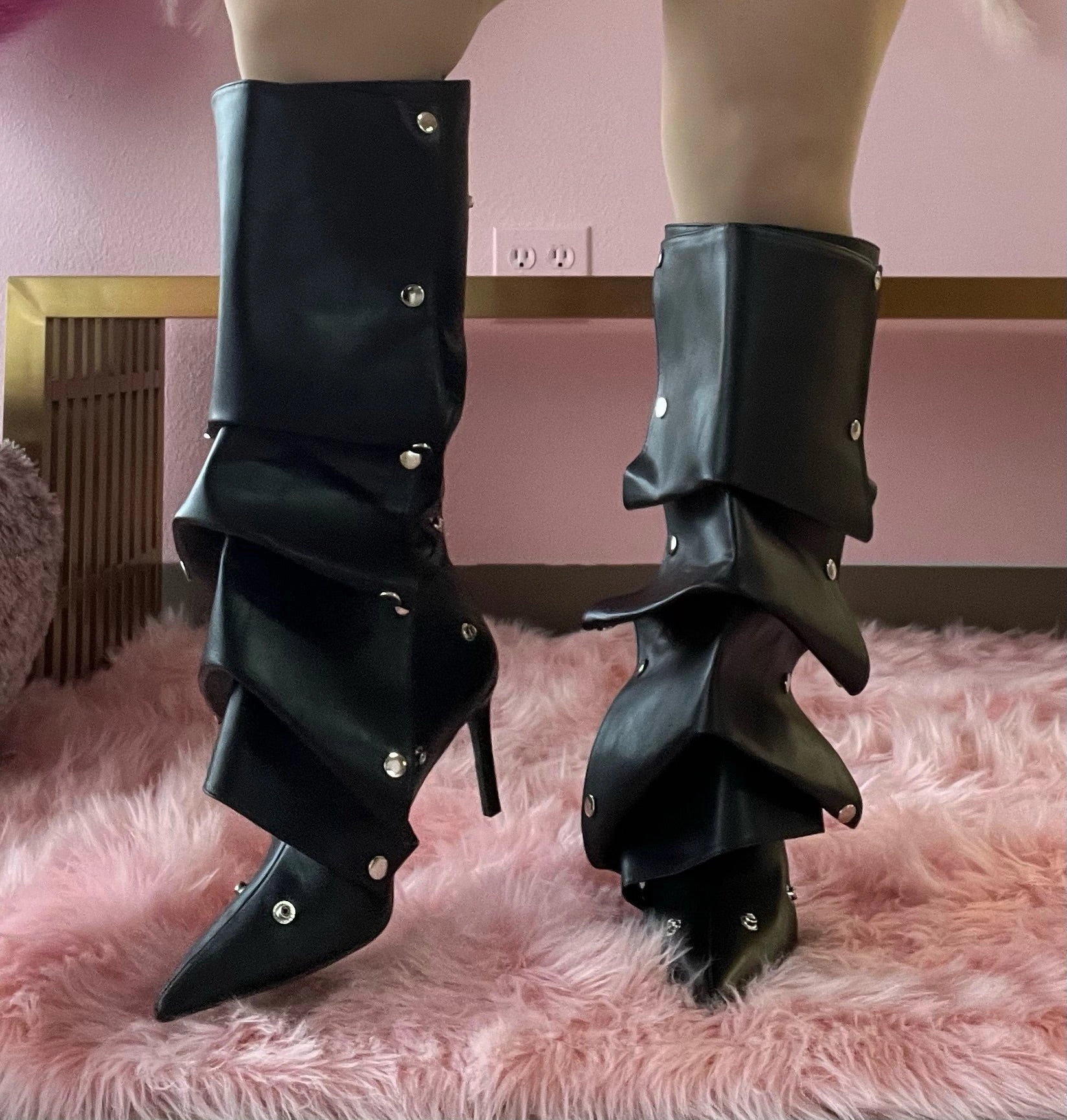 Soul Aura Knee High Boot BUMBLE-01 Black Faux Leather Knee High Slouch Boots with Draped Front Panel