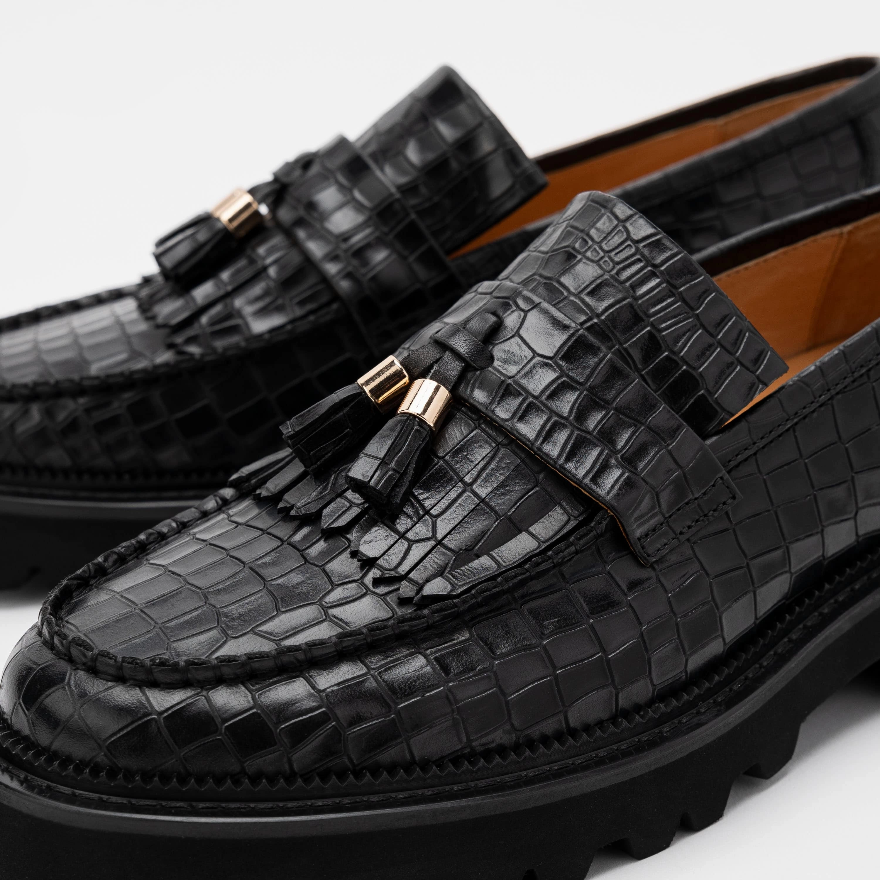 Journey Black Croc Leather Lug Tassel Loafer Best Loafers With Arch Support