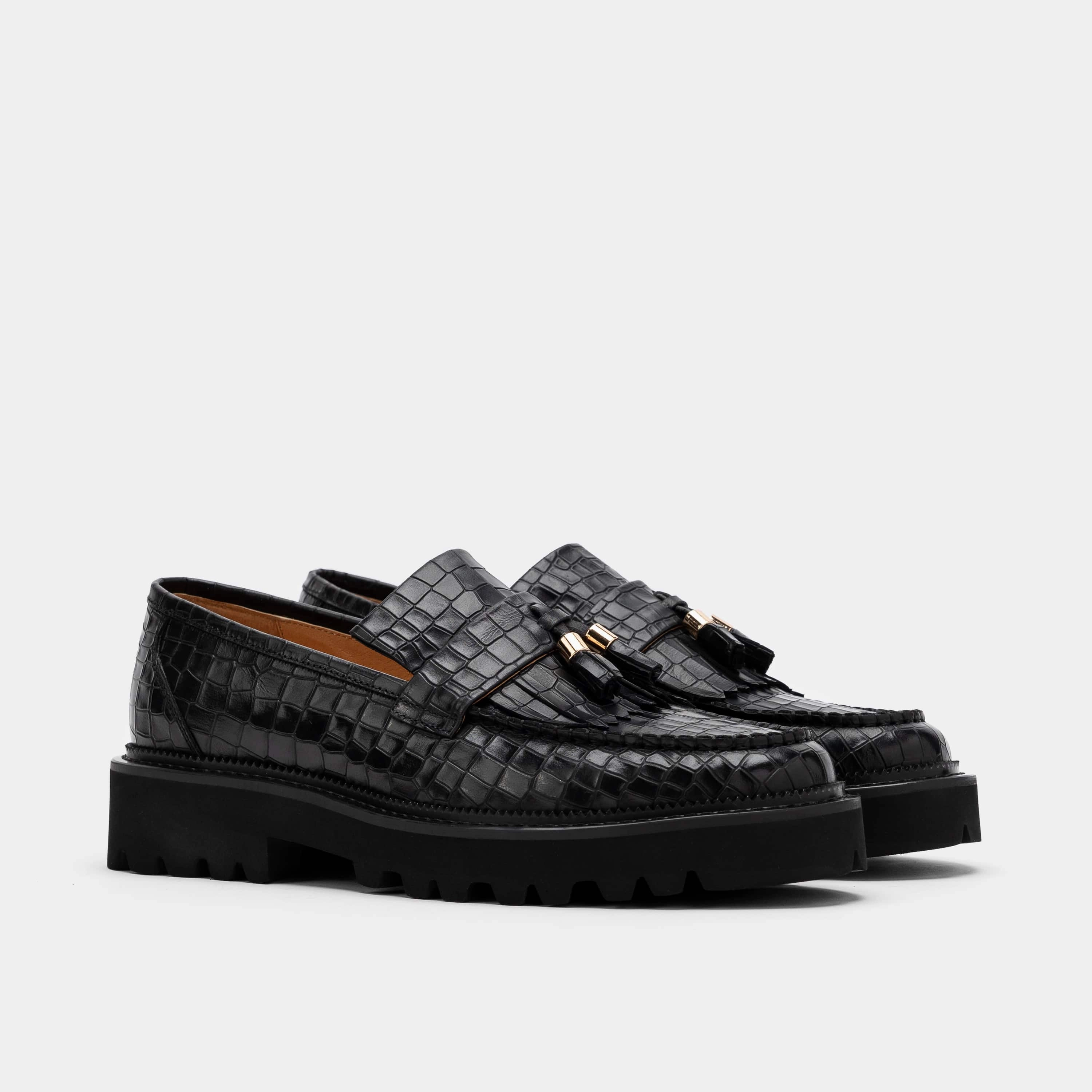 Journey Black Croc Leather Lug Tassel Loafer Ysl Leopard Loafers