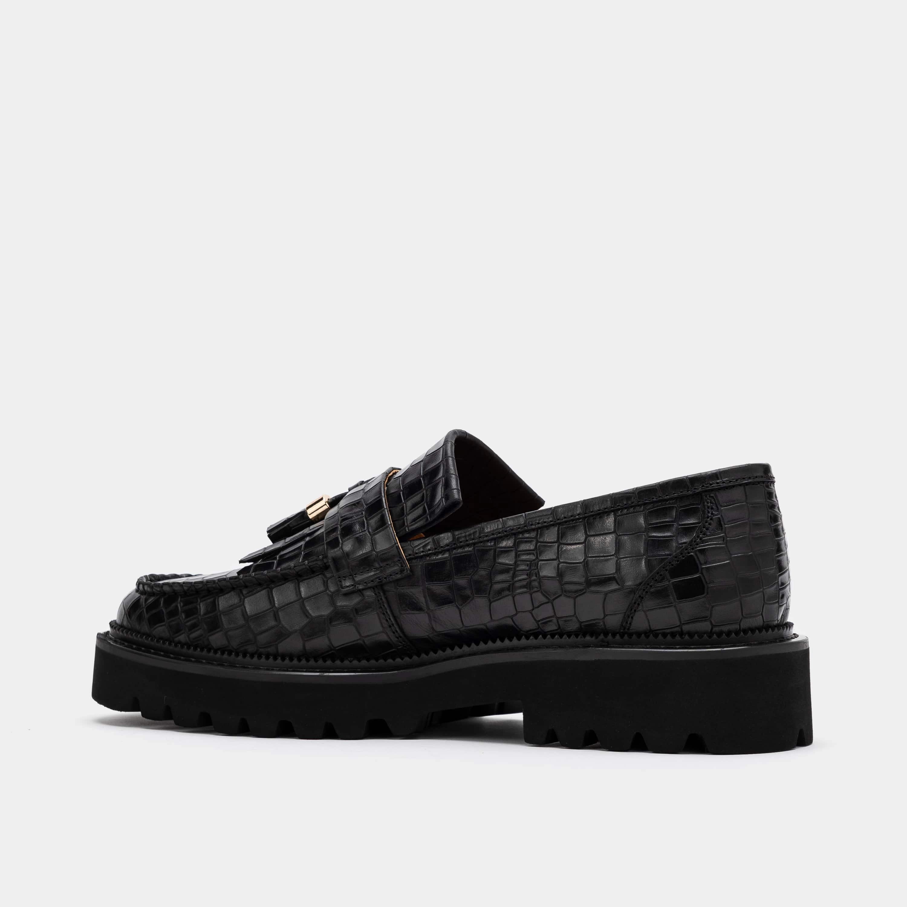 Journey Black Croc Leather Lug Tassel Loafer Loafers With Laces