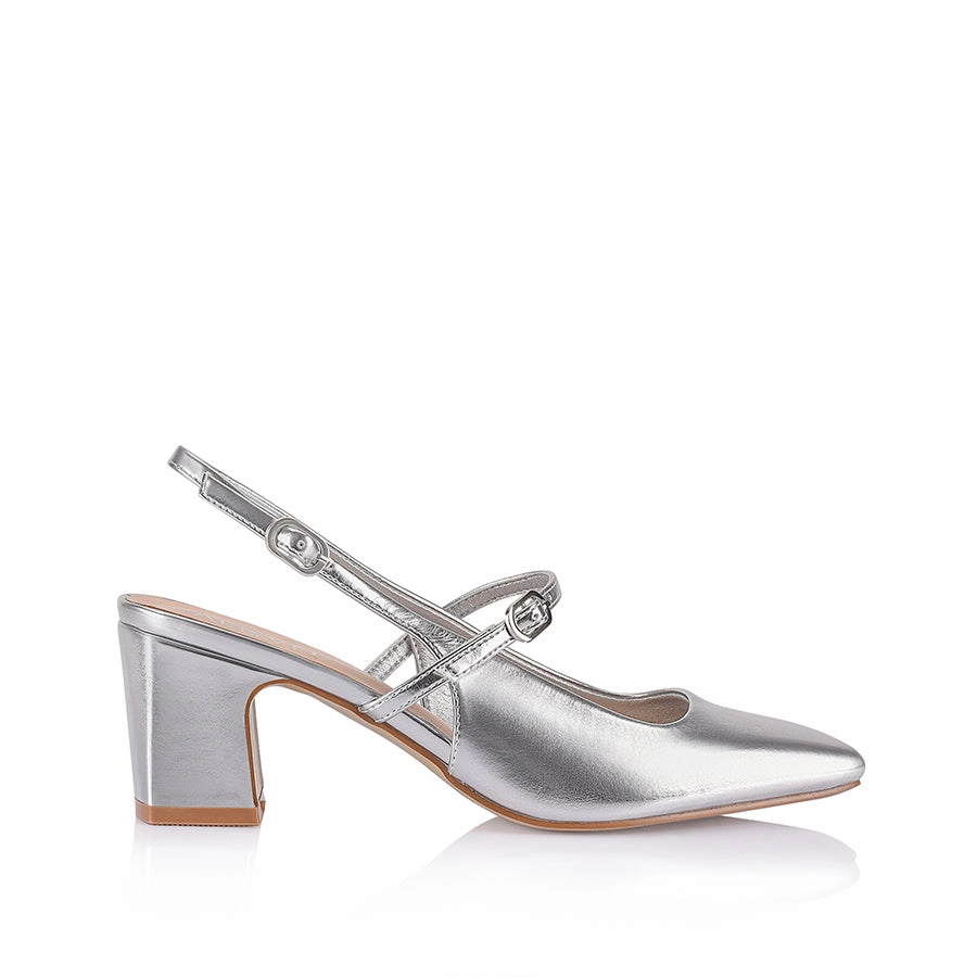 Shoes Lolita Slingback Block Heels - Silver Metallic