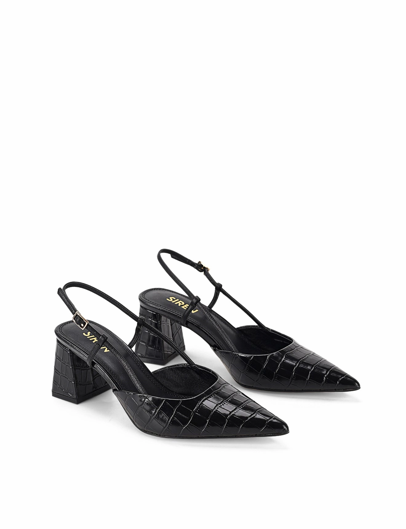 High Heels Square Yasmine Slingback Heels - Black Croc Leather