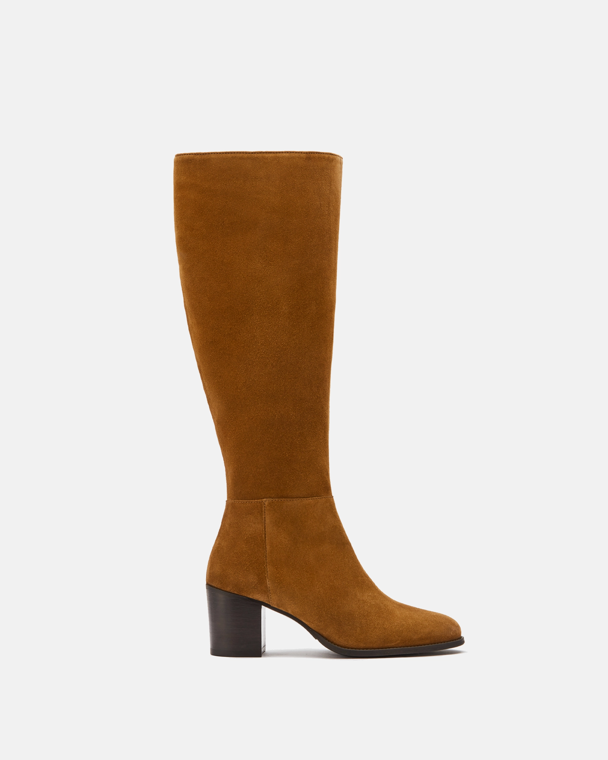 Dalia Tall Knee High Boots in Tan Suede Leather Square Toe Knee High Boots