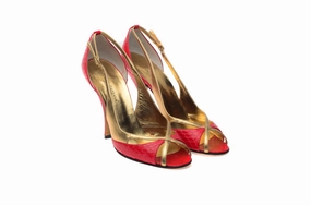 High Heel Ice Skates Dolce & Gabbana - Red Snake Skin Gold Strap Peep Toe Heels - IT 38