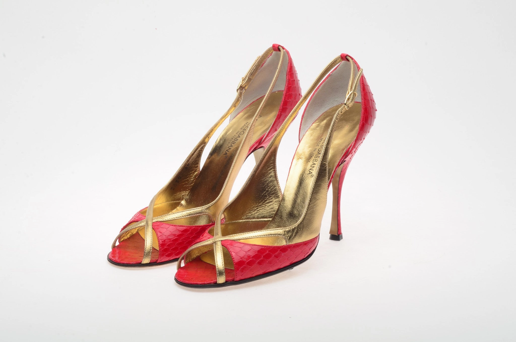 Dolce & Gabbana - Red Snake Skin Gold Strap Peep Toe Heels - IT 38 Legs In High Heels