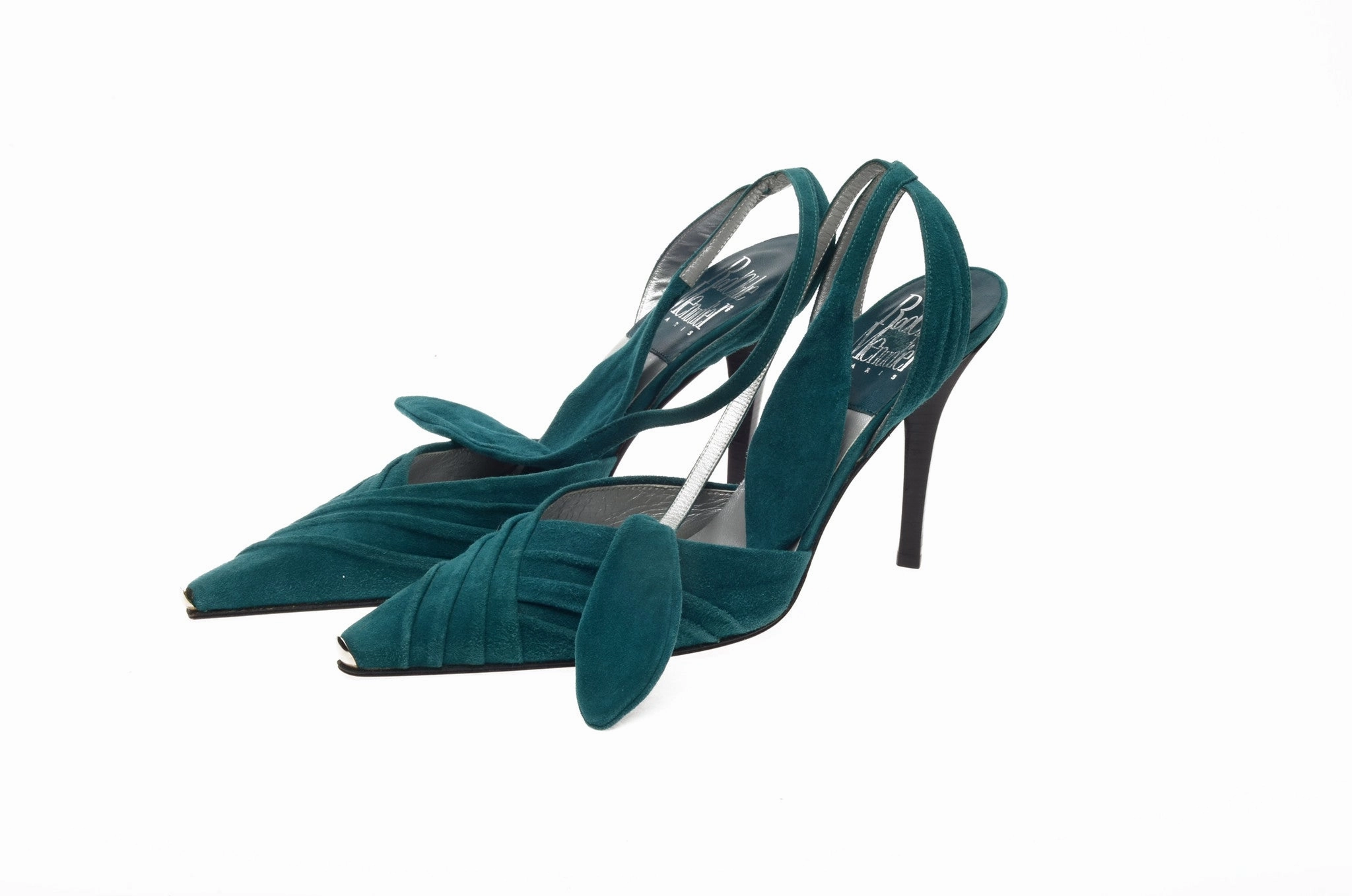 Floral Heel Shoes Menudier - Emerald Green Heels with Wrap Around Ankle Straps - IT 38 1/2