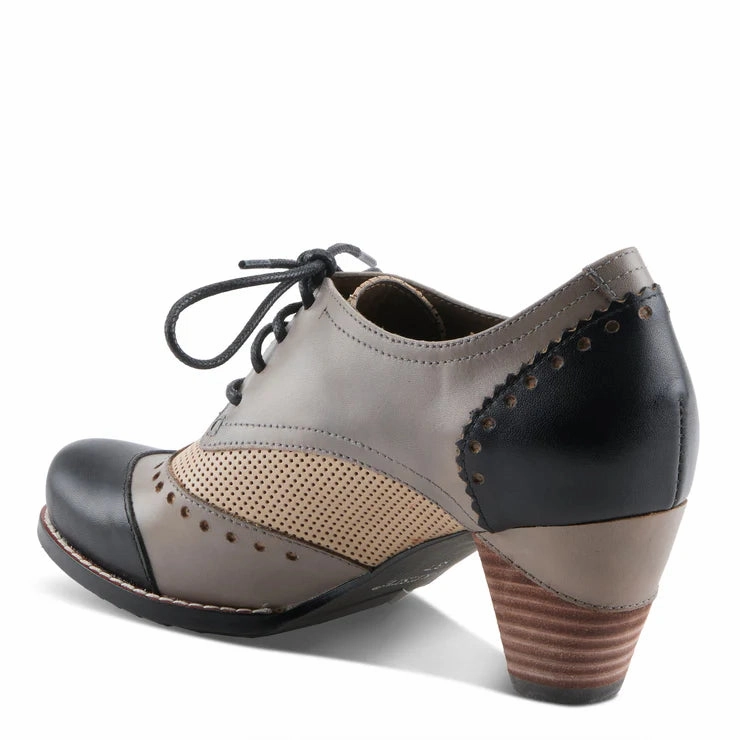 Spring Step Women's Bardot Tie Pump in Black Multi Lace Up Perforated Oxford Shoes