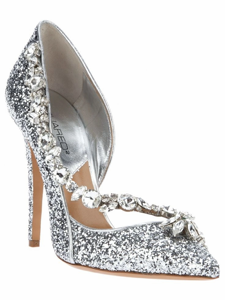 High Heels Chinese Dsquared2 - As Seen on the 2012 Fall Runway Collection, Look 31 - Silver Glittery Pointed Toe Heels with Crystal Embellishments - IT 38 1/2