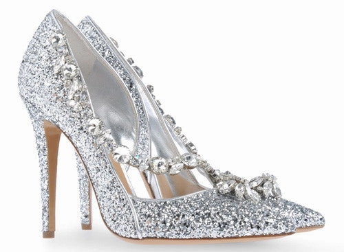 High Heels Photo Gallery Dsquared2 - As Seen on the 2012 Fall Runway Collection, Look 31 - Silver Glittery Pointed Toe Heels with Crystal Embellishments - IT 38 1/2