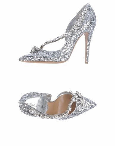 For High Heels Dsquared2 - As Seen on the 2012 Fall Runway Collection, Look 31 - Silver Glittery Pointed Toe Heels with Crystal Embellishments - IT 38 1/2